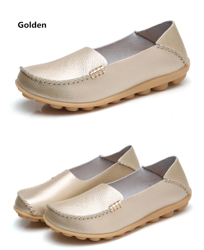 Summer Autumn Women Soft Genuine Leather Breathable Flats Non Slip on Casual Shoes with Round Toe for Mature Ladies Nurse