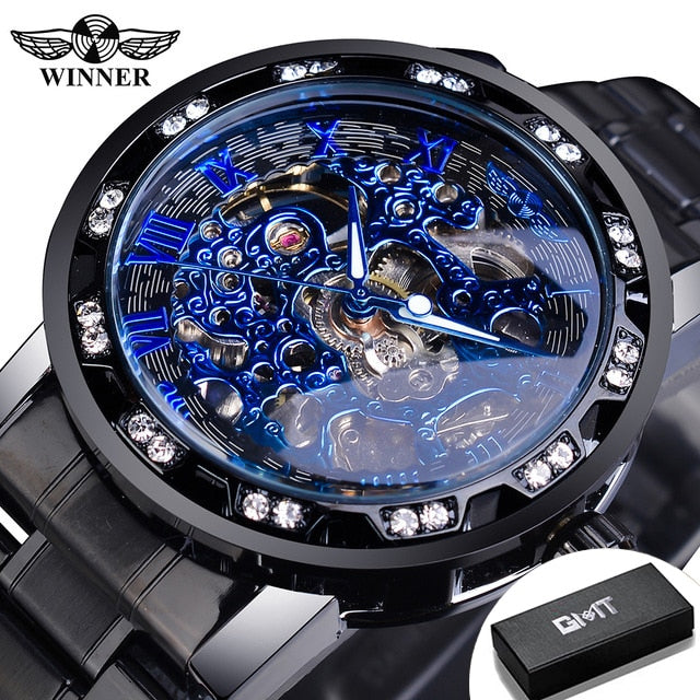 Winner Transparent Fashion Diamond Luminous Gear Movement Royal Design Men Top Brand Luxury Male Mechanical Skeleton Wrist Watch S1089-16