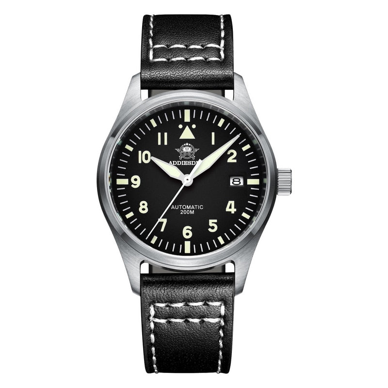 ADDIESDIVE Automatic NH35 Movement Pilot Watch C3 luminous Black Dial and 39mm Case waterproof Sapphire glass 200M Dive watches