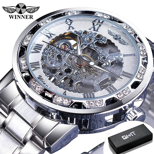 Winner Transparent Fashion Diamond Luminous Gear Movement Royal Design Men Top Brand Luxury Male Mechanical Skeleton Wrist Watch S1089-17