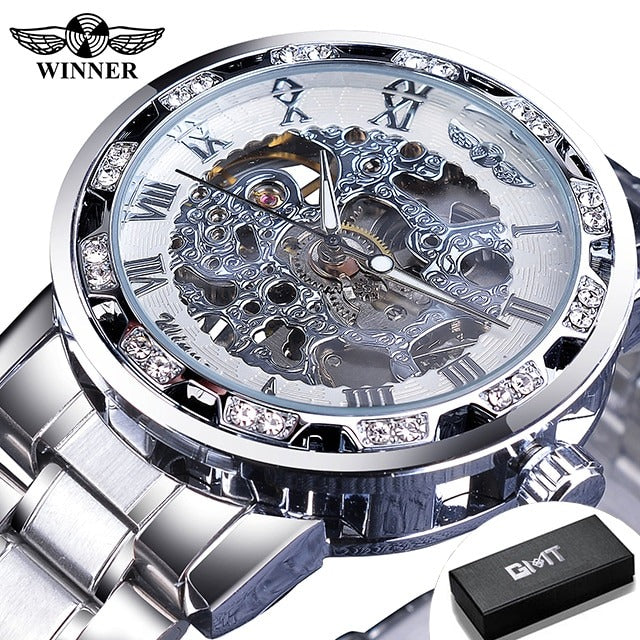 New Men Mechanical Skeleton Wrist Watch Winner Transparent Fashion Diamond Luminous Gear Movement Royal Design Men Top Brand Luxury Male