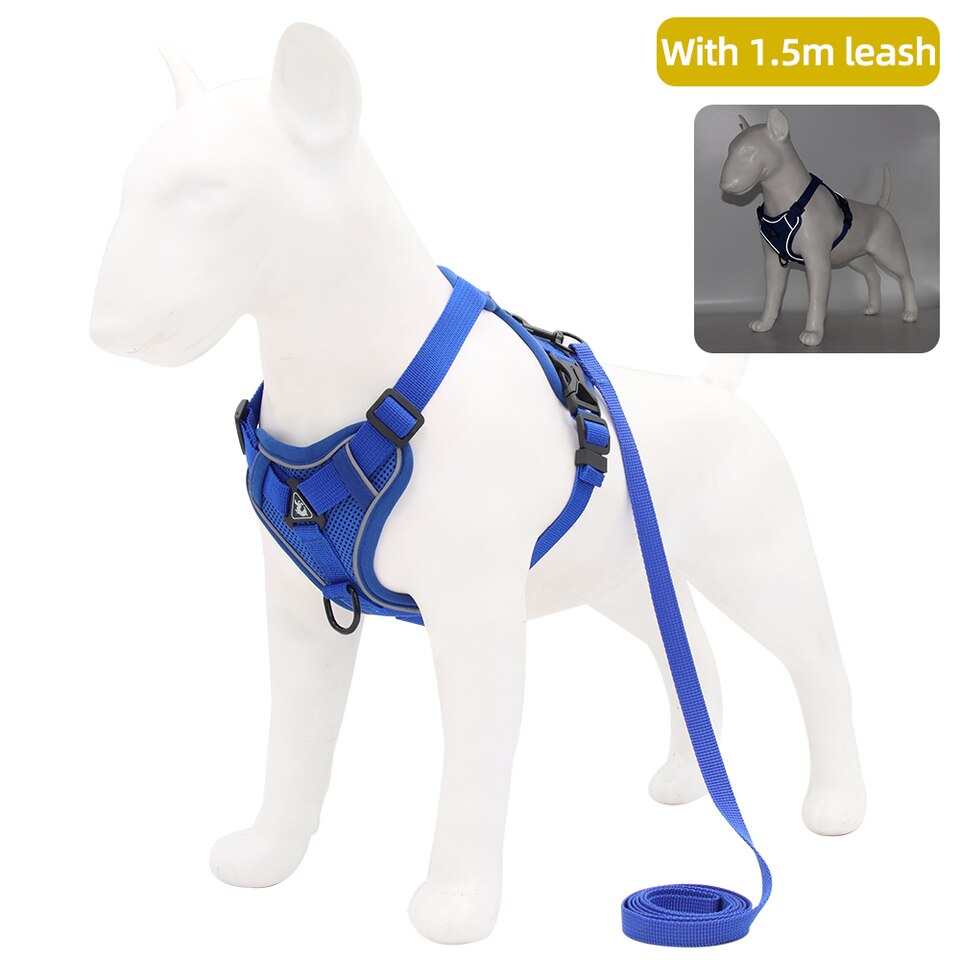 Dog Harness with 1.5m Traction Leash Set No Pull Dog Vest Strap Adjustable Reflective Breathable Harness for Dogs Puppy and Cats Blue, S