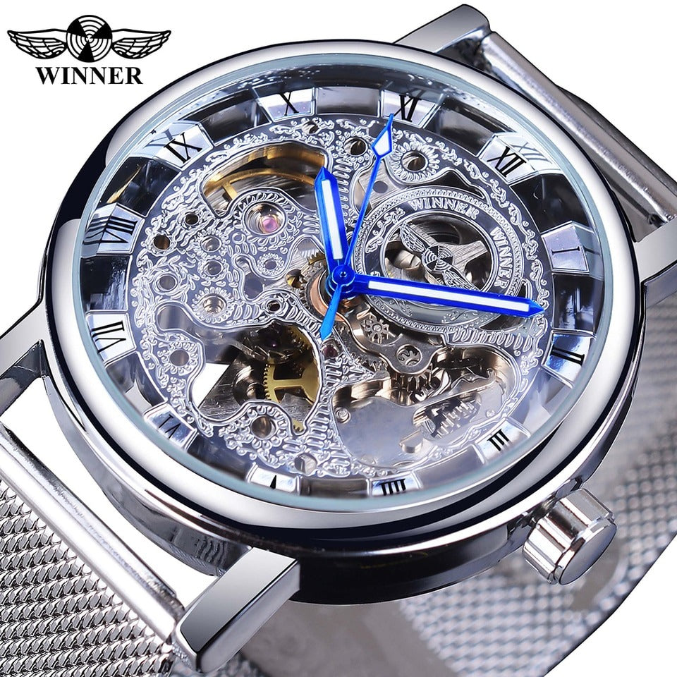 New Men Winner Transparent Golden Watch Luxury Casual Design Brown Leather Strap Mens Watches Top Brand Luxury Mechanical Skeleton Watch