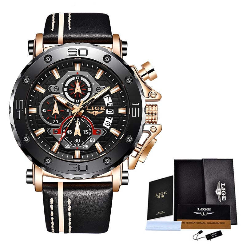 Men Watches Fashion Sport Leather Watch Mens Luxury Date Waterproof Quartz Chronograph Rose Gold Black, China