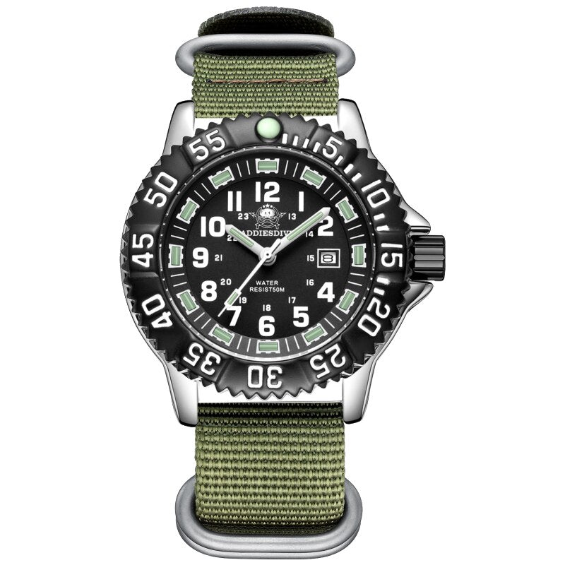 Addies Dive New Men Watch 316L Stainless Steel Strap Black Dial 50m Waterproof Watch Luminous Hand 51mm Alloy Case Sports Watch green