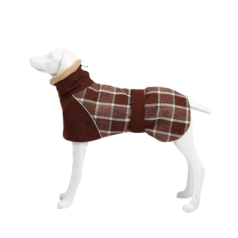 Winter Big Dog Clothes Warm Fleece Pet Jacket for Medium Large Dogs Weimaraner Greyhound Adjustable Belt Plaid Print Coat Outfit Brown, S