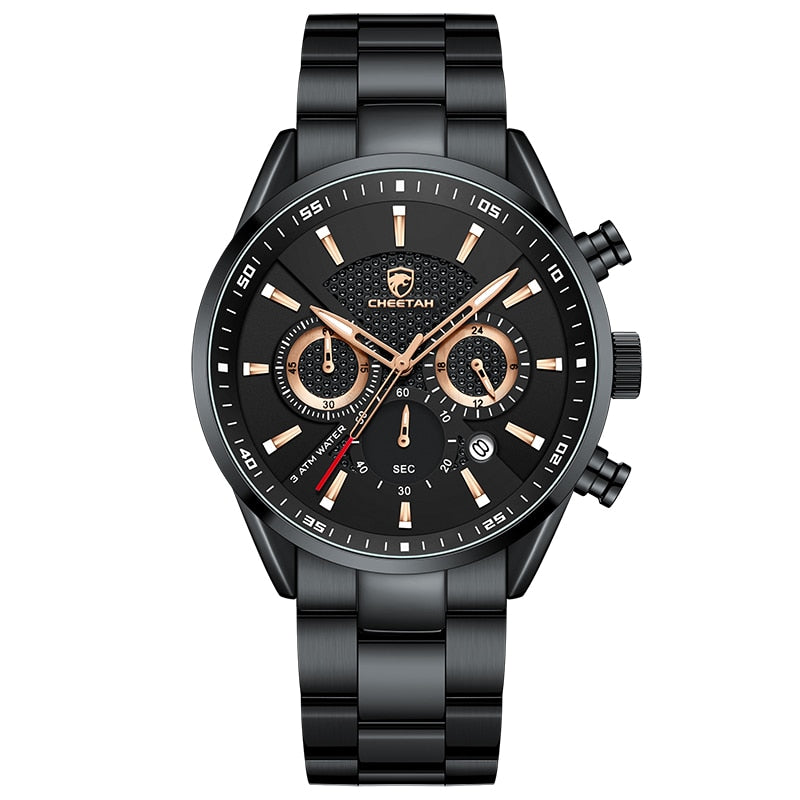 New Watch Top Brand Casual Sport Chronograph Men Watches Stainless Steel Wristwatch Big Dial Waterproof Quartz Clock Black Gold