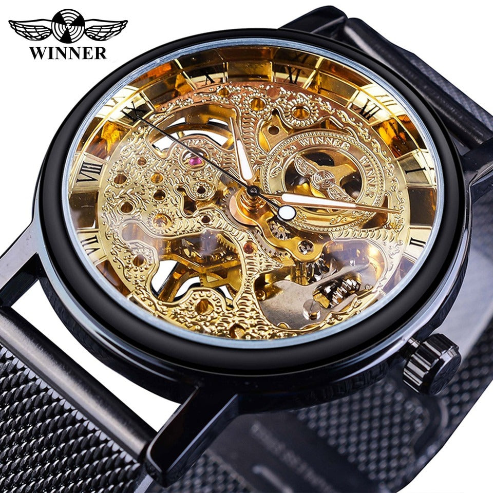 New Men Winner Transparent Golden Watch Luxury Casual Design Brown Leather Strap Mens Watches Top Brand Luxury Mechanical Skeleton Watch