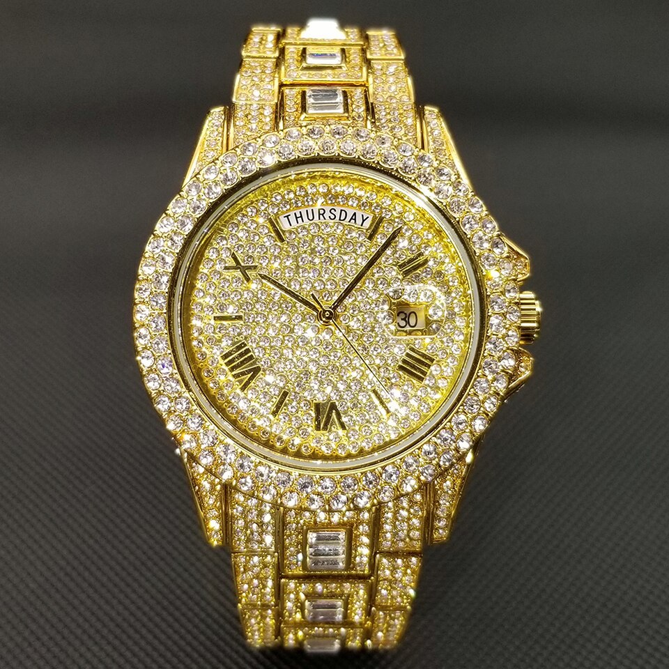 New Iced Out Watch For Men Luxury Gold Full Diamond Mens Watches Hip Hop Waterproof Day Date Clock