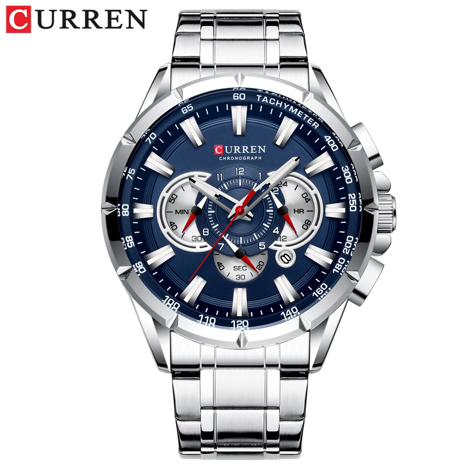 New Casual Sport Chronograph Men's Watches Stainless Steel Band Wristwatch Big Dial Quartz Clock with Luminous Pointers