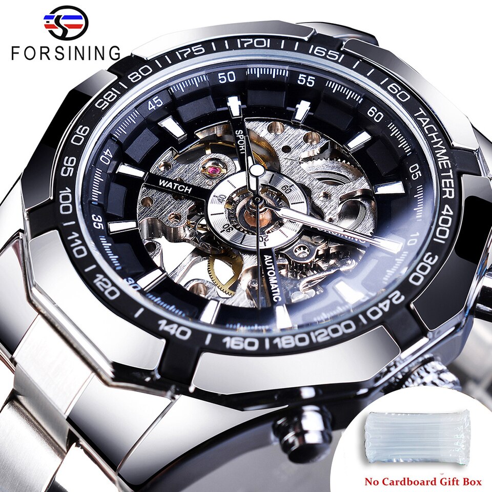 New Men Forsining Stainless Steel Watch Waterproof Mens Skeleton Watches Top Brand Luxury Transparent Mechanical Sport Male Wrist Watches