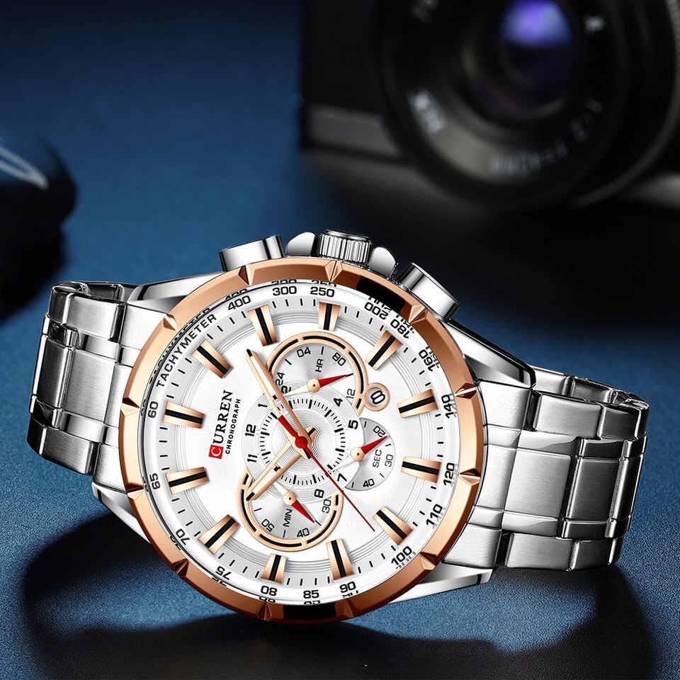 Men New CURREN Casual Sport Chronograph Men Watch Stainless Steel Band Wristwatch Big Dial Quartz Clock with Luminous Pointers