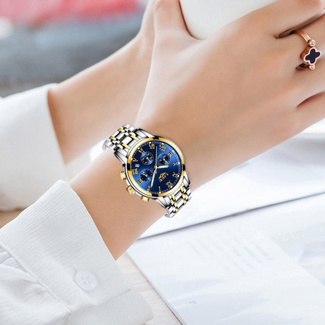 Ladies Watches Top Brand Luxury Fashion Stainless Steel Watch Women Chronograph Quartz Clock Waterproof Wristwatch