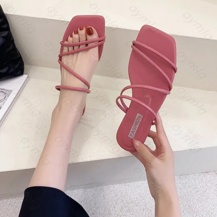 Slippers women summer Korean version new square-toe flat-heel candy color fashion outer wear sandals slippers