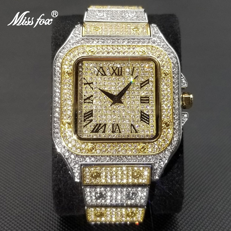 Ice Out Square Watch For Men Top Brand Luxury Full Diamond Men Watches Ultra Thin Waterproof Hip Hop Clock Dropshipping V324 Gold Silver