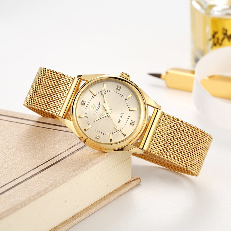 Luxury Brand Dress Gold Watch Ladies Elegant Diamond Small Quartz Wrist Watches For Women Steel Mesh Clock zegarek damski