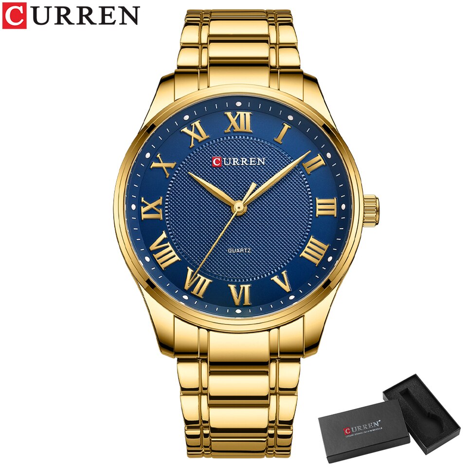 Classic Casual Watch for Men with Stainless Steel Band Simple Quartz Wristwatches with Rome Numbers for Business Man gold blue box