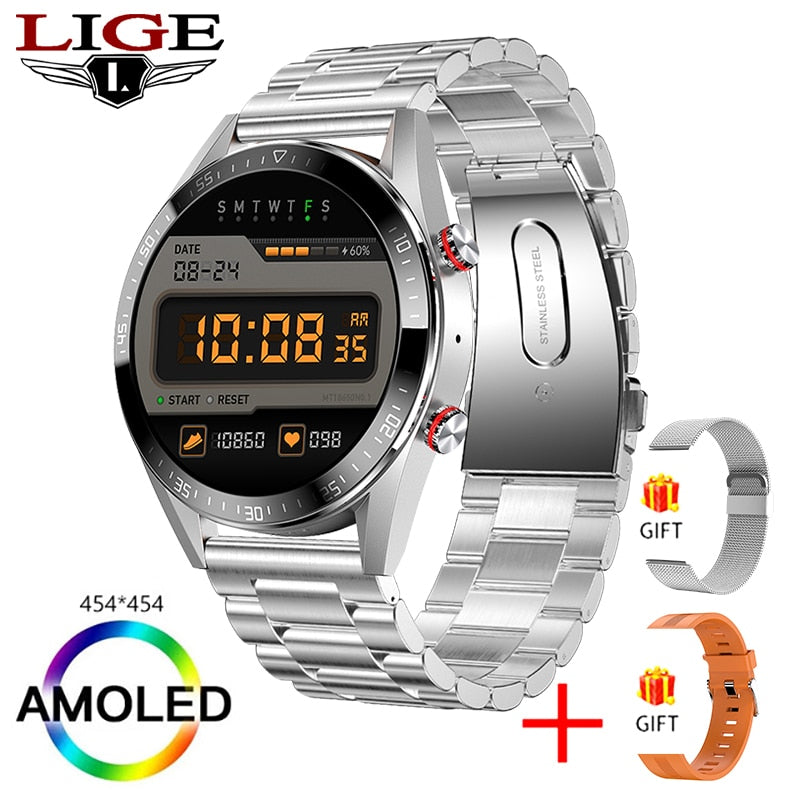 New 454*454 Screen Smart Watch Always Display The Time Bluetooth Call Local Music Smartwatch For Mens Android TWS Earphones Steel belt silver, China