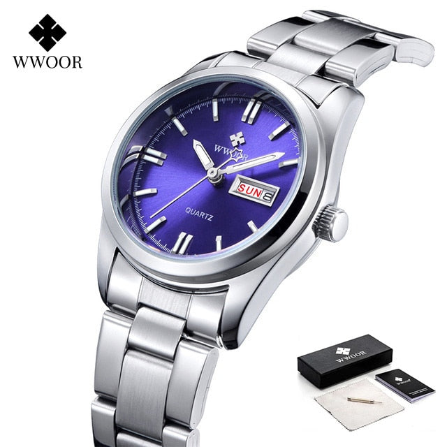 Ladies Watches Waterproof Quartz Silver Clock Women Automatic Date Dress Wrist Watch Reloj Mujer silver blue box, China