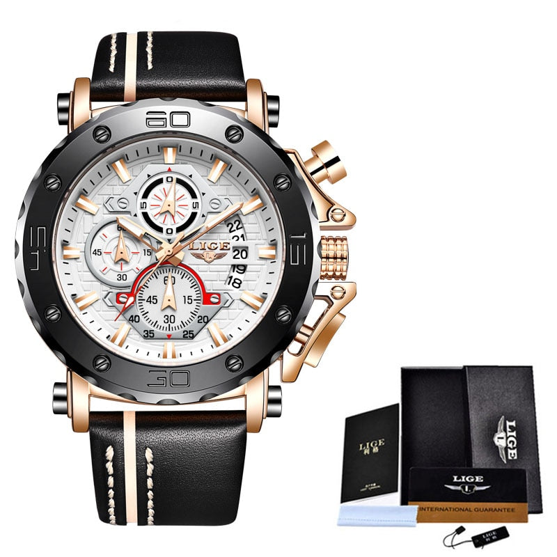 Men Watches Fashion Sport Leather Watch Mens Luxury Date Waterproof Quartz Chronograph Rose Gold White, China