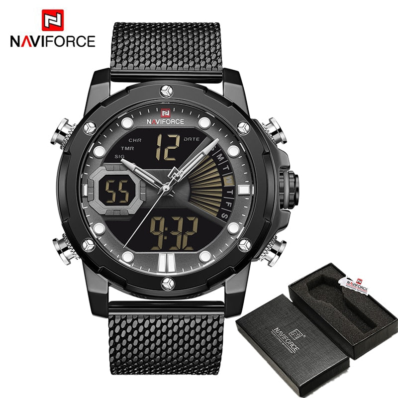 Original Watches For Men Luxury Brand Quartz Dual Display Military Sports Wrist Watch Mesh Steel Band Waterproof Clock BGYB BOX, China