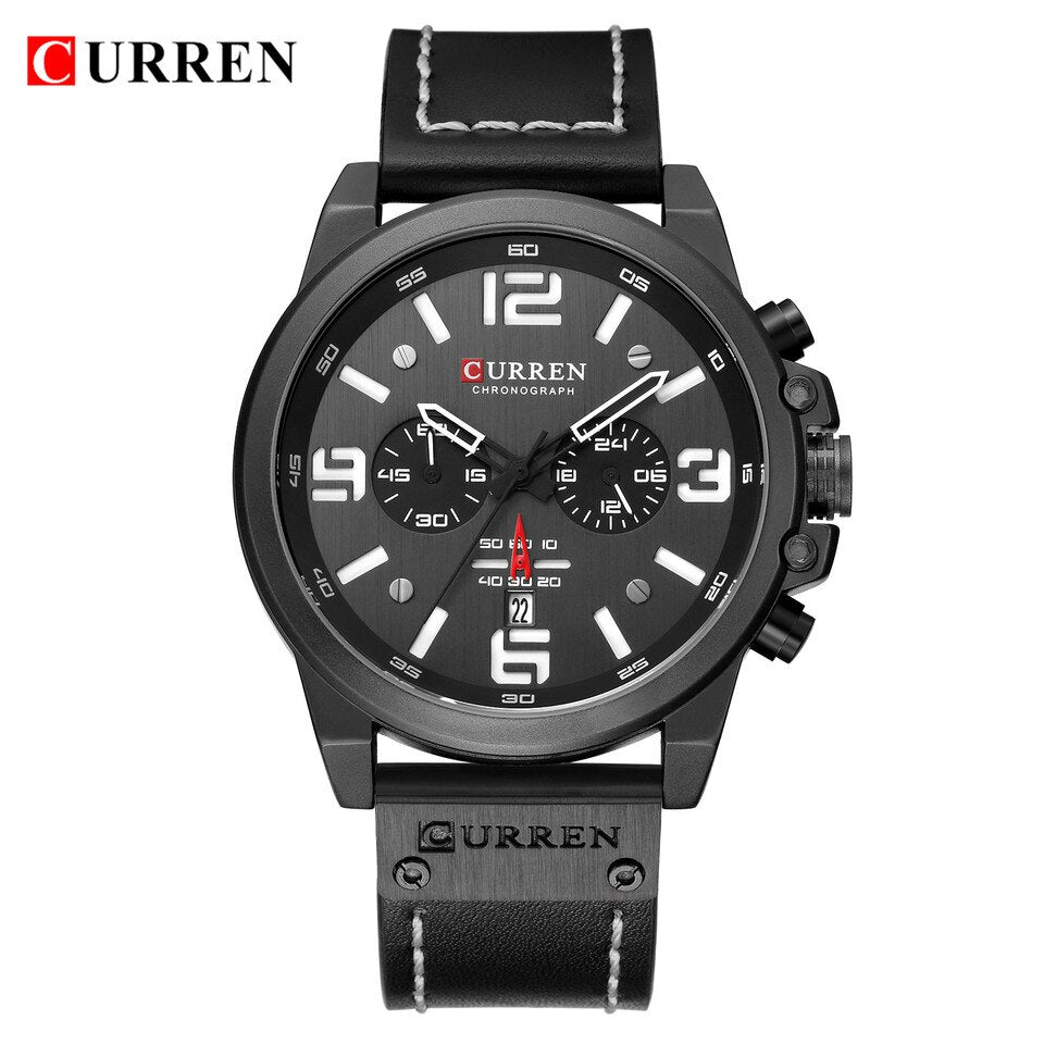 Men Watches Top Luxury Brand Waterproof Sport Wrist Watch Chronograph Quartz Military Genuine Leather Relogio Masculino black white