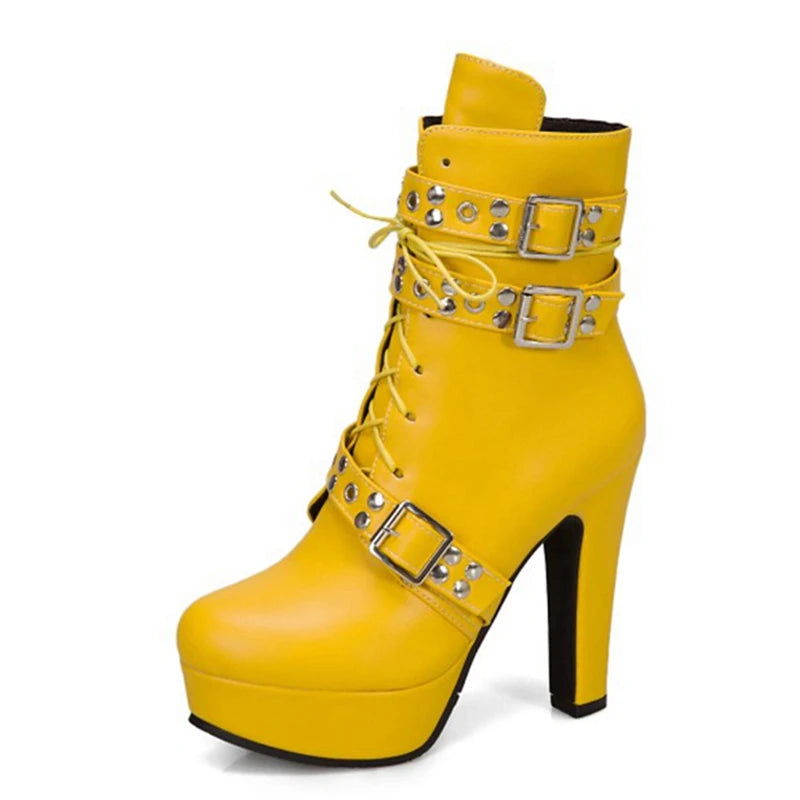 Red Yellow White Women Ankle Boots Platform Lace Up High Heel Short Female Buckle Autumn Winter Ladies Shoe