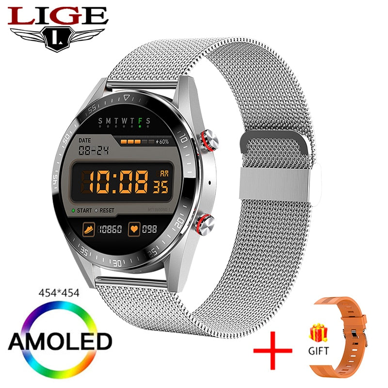 New 454*454 Screen Smart Watch Always Display The Time Bluetooth Call Local Music Smartwatch For Mens Android TWS Earphones Mesh belt silver, China