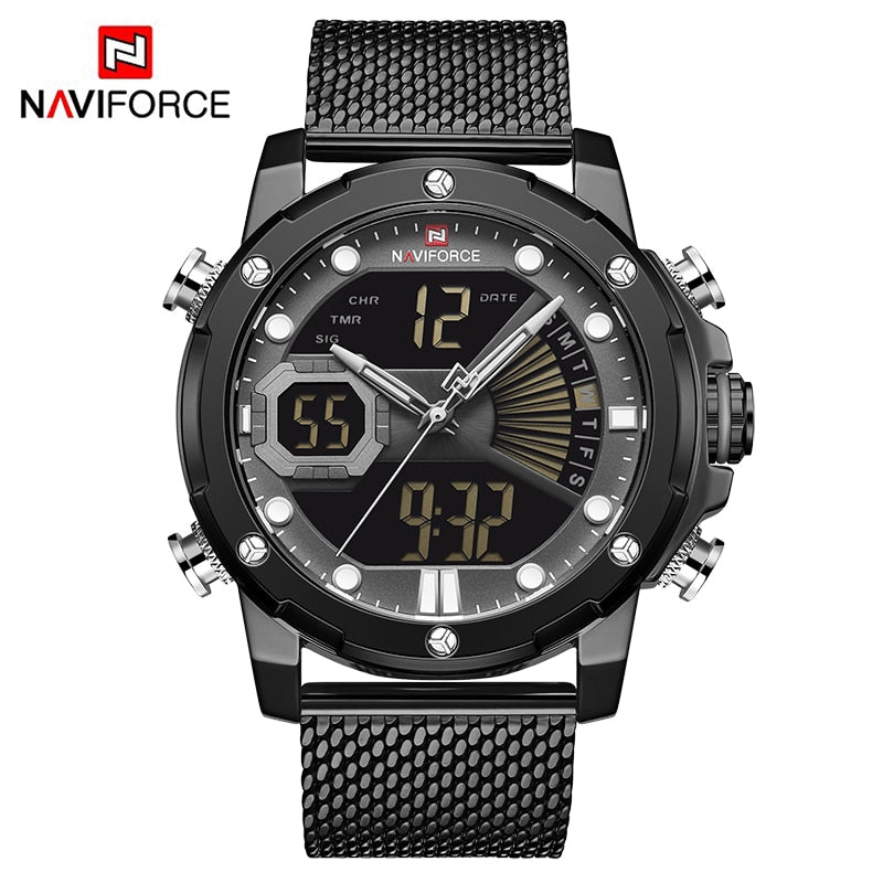 Original Watches For Men Luxury Brand Quartz Dual Display Military Sports Wrist Watch Mesh Steel Band Waterproof Clock