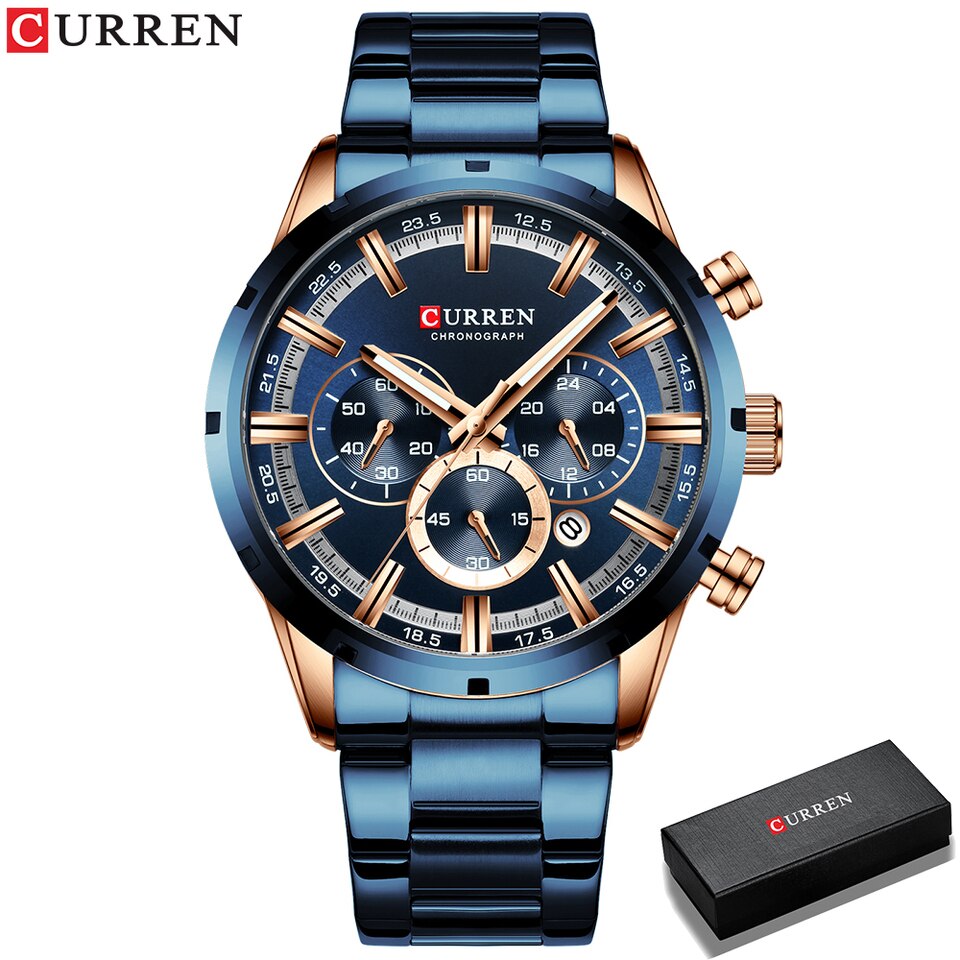 Men Watch Blue Dial Stainless Steel Band Date Mens Business Male Watches Waterproof Luxuries Men Wrist Watches for Men blue box