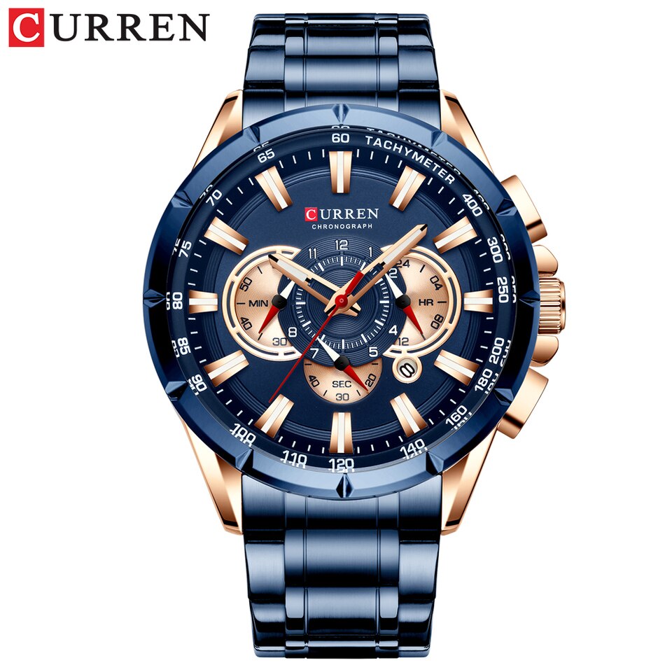 Men New CURREN Casual Sport Chronograph Men Watch Stainless Steel Band Wristwatch Big Dial Quartz Clock with Luminous Pointers rose blue