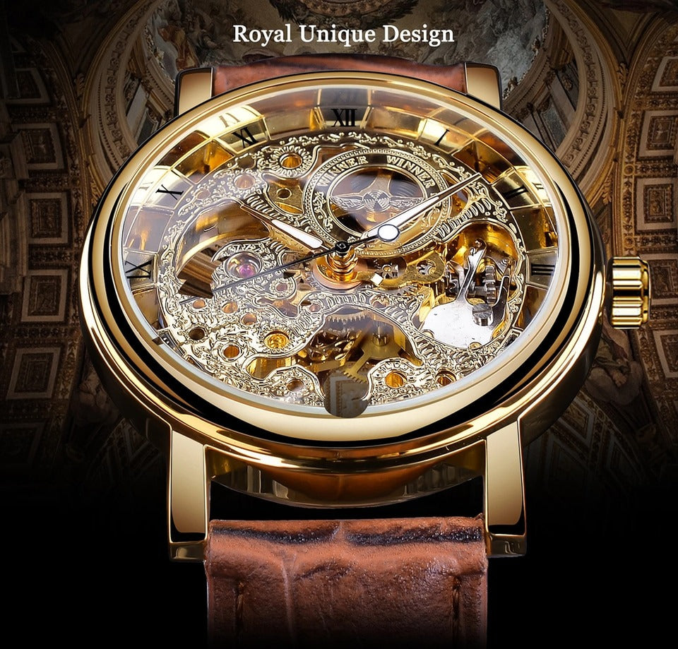 New Men Winner Transparent Golden Watch Luxury Casual Design Brown Leather Strap Mens Watches Top Brand Luxury Mechanical Skeleton Watch