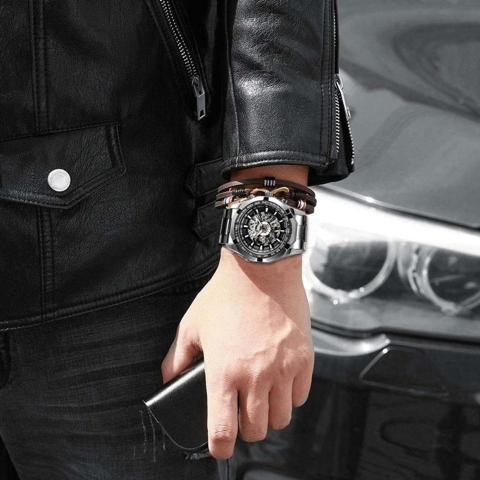 New Men Forsining Stainless Steel Watch Waterproof Mens Skeleton Watches Top Brand Luxury Transparent Mechanical Sport Male Wrist Watches