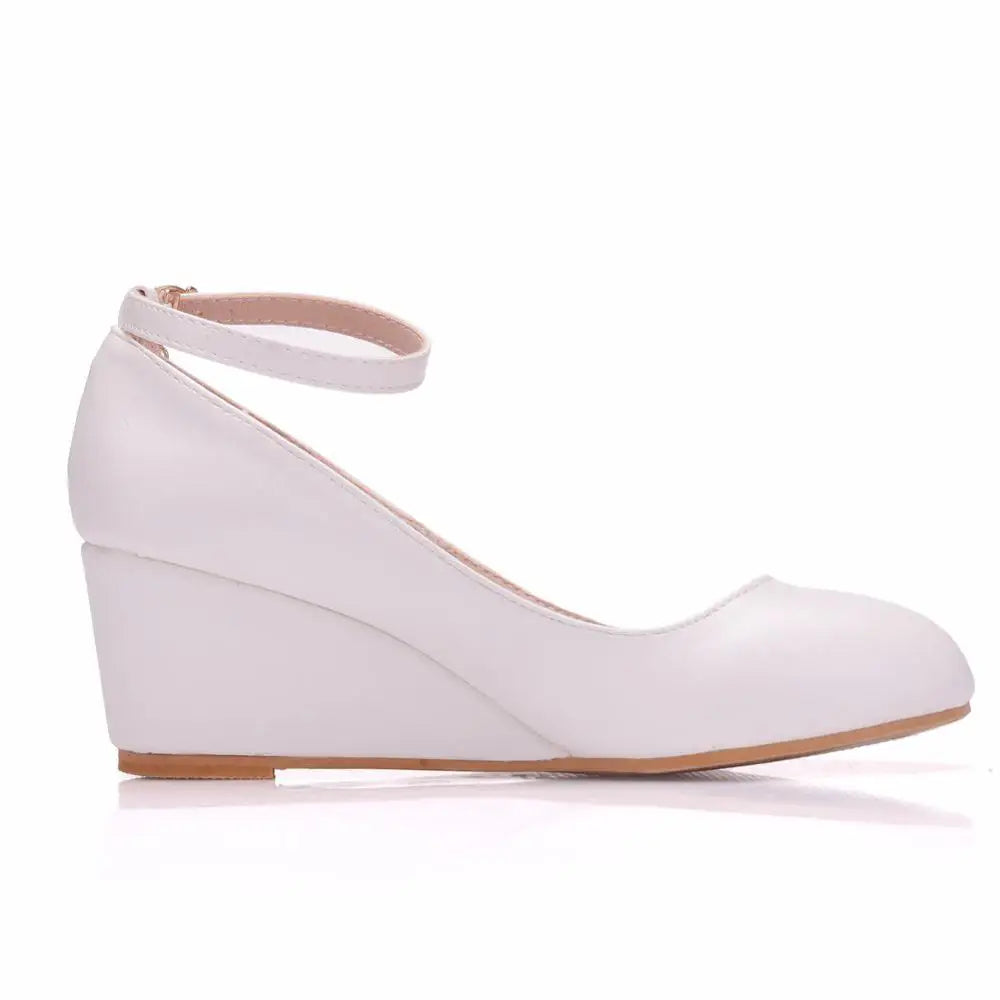 Women Fashion High Heels Shoes Plus Size Platform Wedges Female Pumps Women White pu Buckle Ankle Strap Woman Wedding Shoes