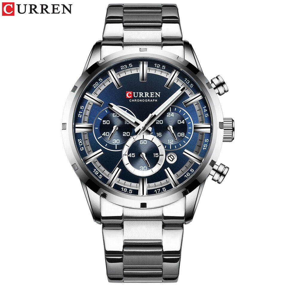 New Men Watches Top Brand Luxury Wrist Watch Quartz Clock Watch Men Waterproof Chronograph silver blue