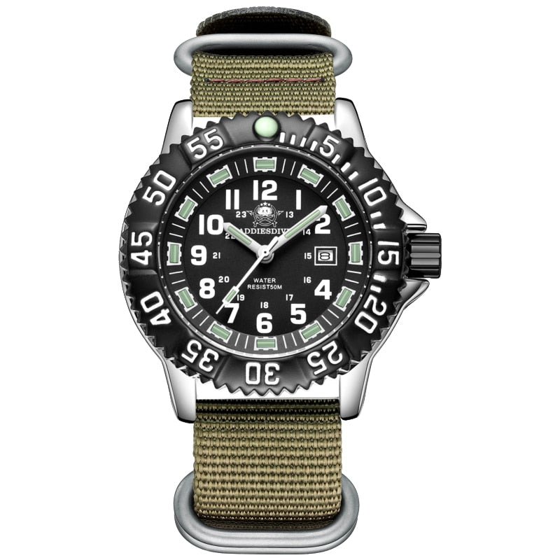 Addies Dive New Men Watch 316L Stainless Steel Strap Black Dial 50m Waterproof Watch Luminous Hand 51mm Alloy Case Sports Watch khaki