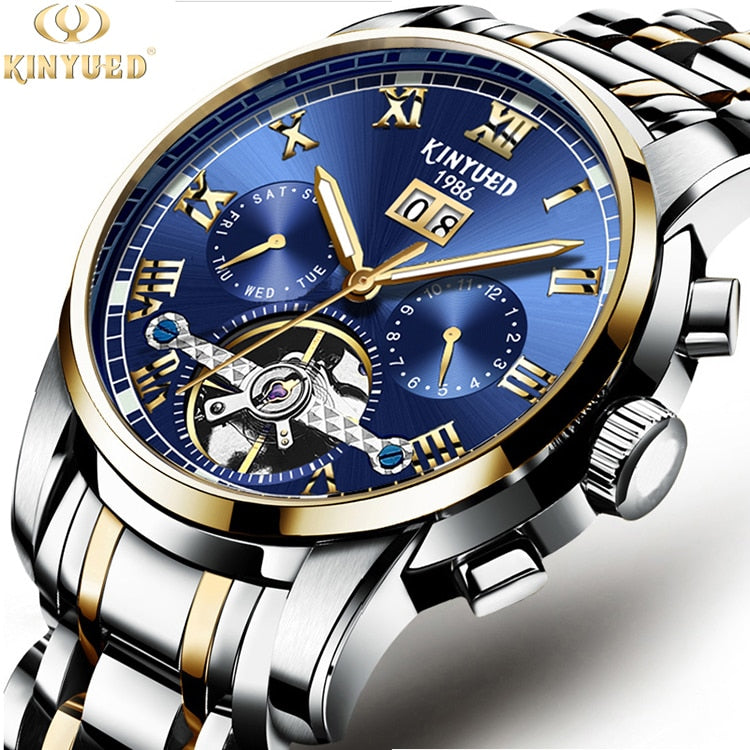 New Men Kinyued Stainless Steel Watch Band Automatic Mechanical Business Wrist Watch Luxury Brand Waterproof Watch for Men