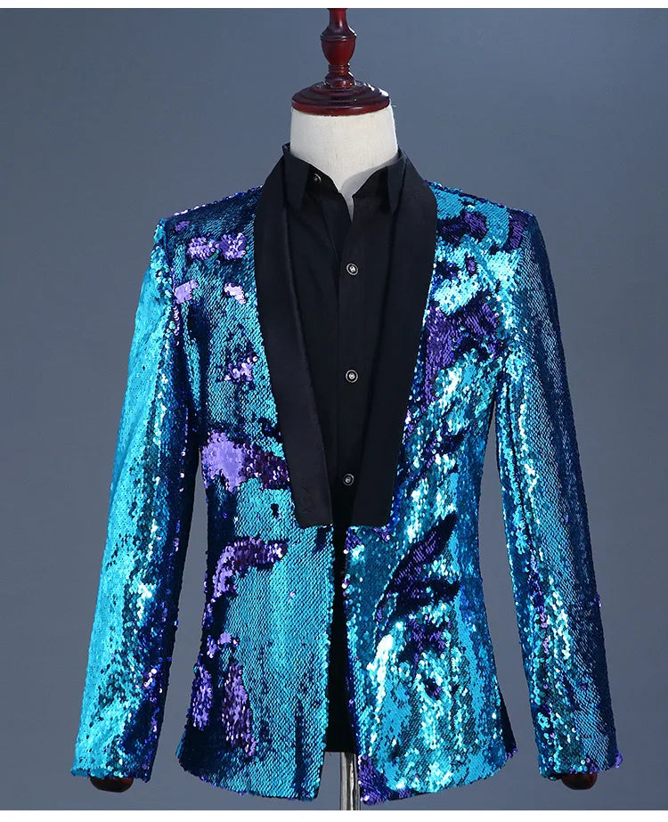 New Luxury Royal Blue Sequin Dress Blazer Men Nightclub Stage Shawl Collar Mens Suit Jacket Black Collar Blue, Asian L