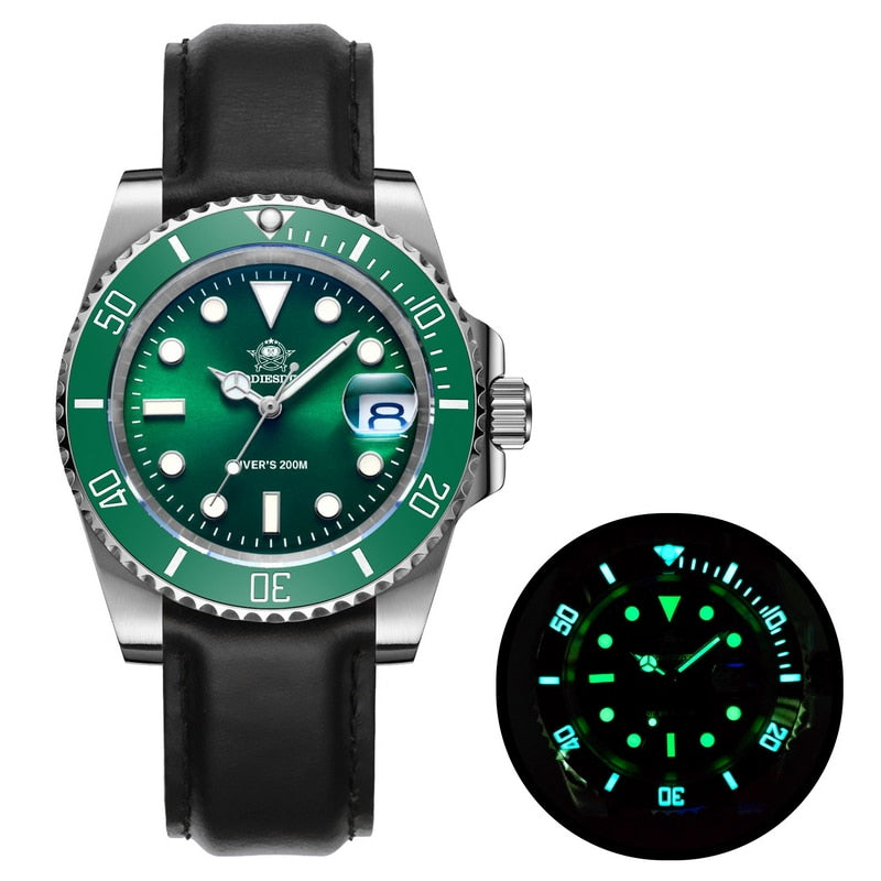 Men Luxury Quartz Watch 200m diver watches 41mm Ceramic Bezel Calendar Display Luminous Watches Men watch leather green