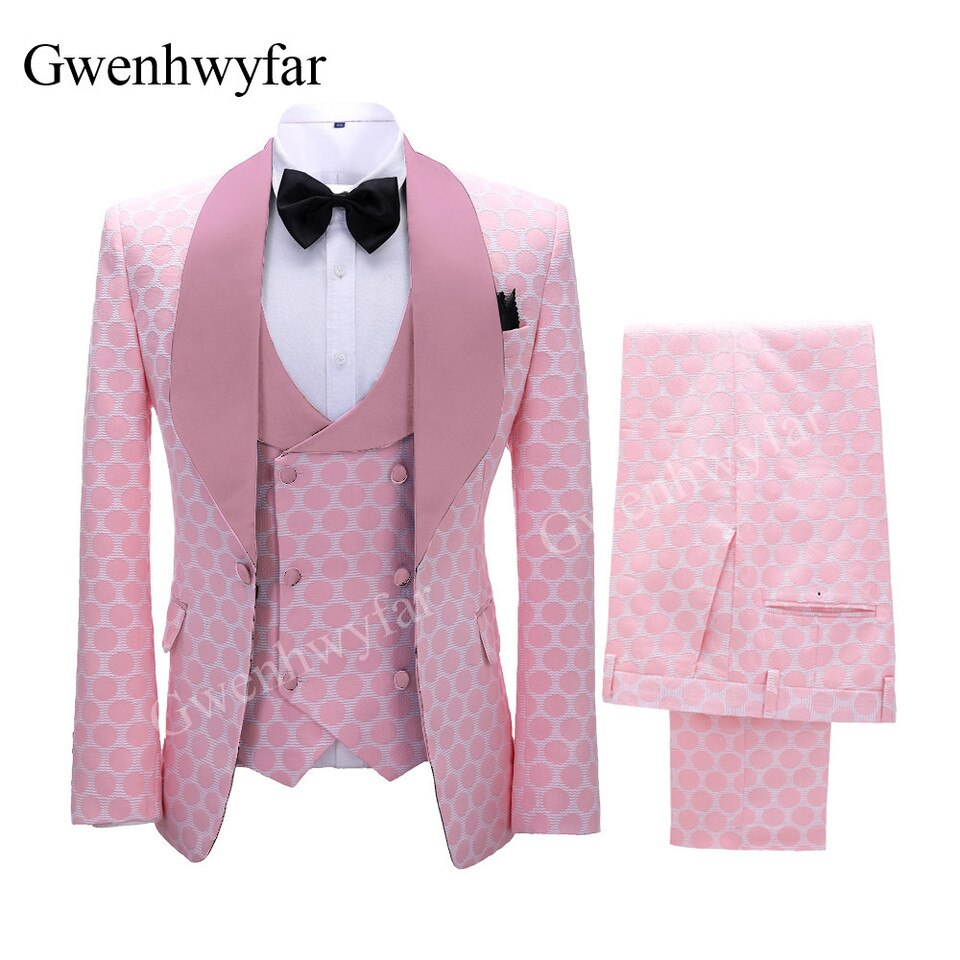 New Polka Dot Dress Suit for Men Custom Made Shawl Lapel Blazer Vest with Pants Fashion Wedding Tuxedos Groomsmen Wear image color 1, S