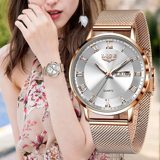 LIGE Brand Women Watches Ultra-thin Luxury Quartz Watch Fashion Ladies Clock Stainless Steel Waterproof Calendar Week Wristwatch