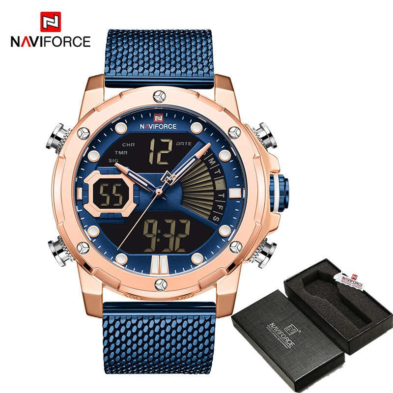 Original Watches For Men Luxury Brand Quartz Dual Display Military Sports Wrist Watch Mesh Steel Band Waterproof Clock