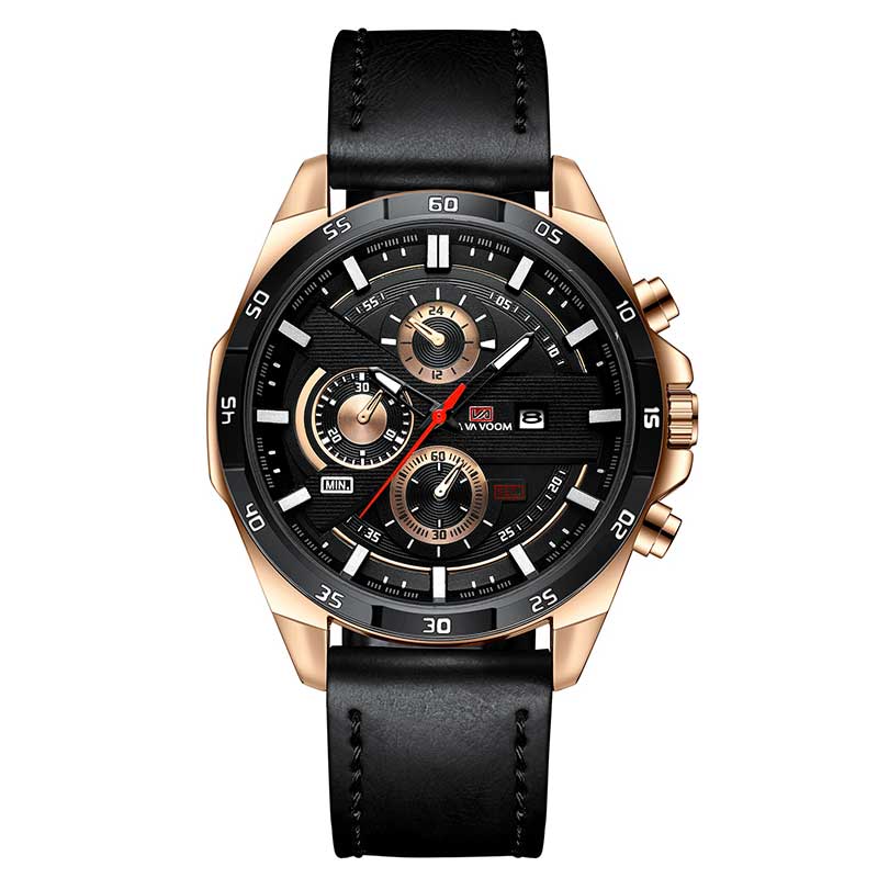 Men Watch Top Brand Luxury Waterproof Sport Quartz Clock Military Leather Black S Gold dial-1, China