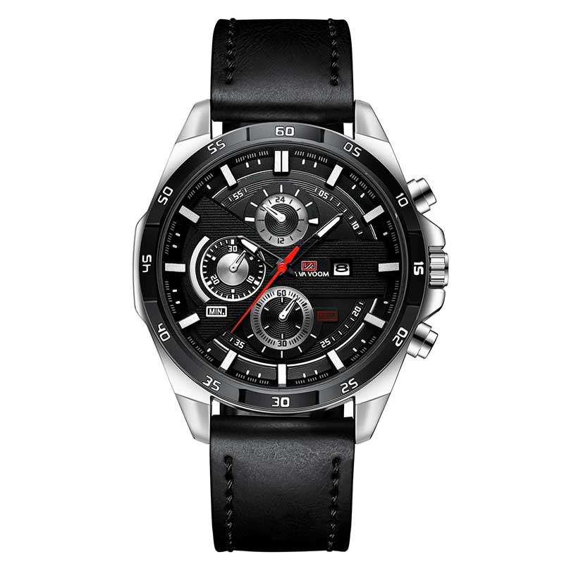 Men Watch Top Brand Luxury Waterproof Sport Quartz Clock Military Leather Black S Silver -2, China