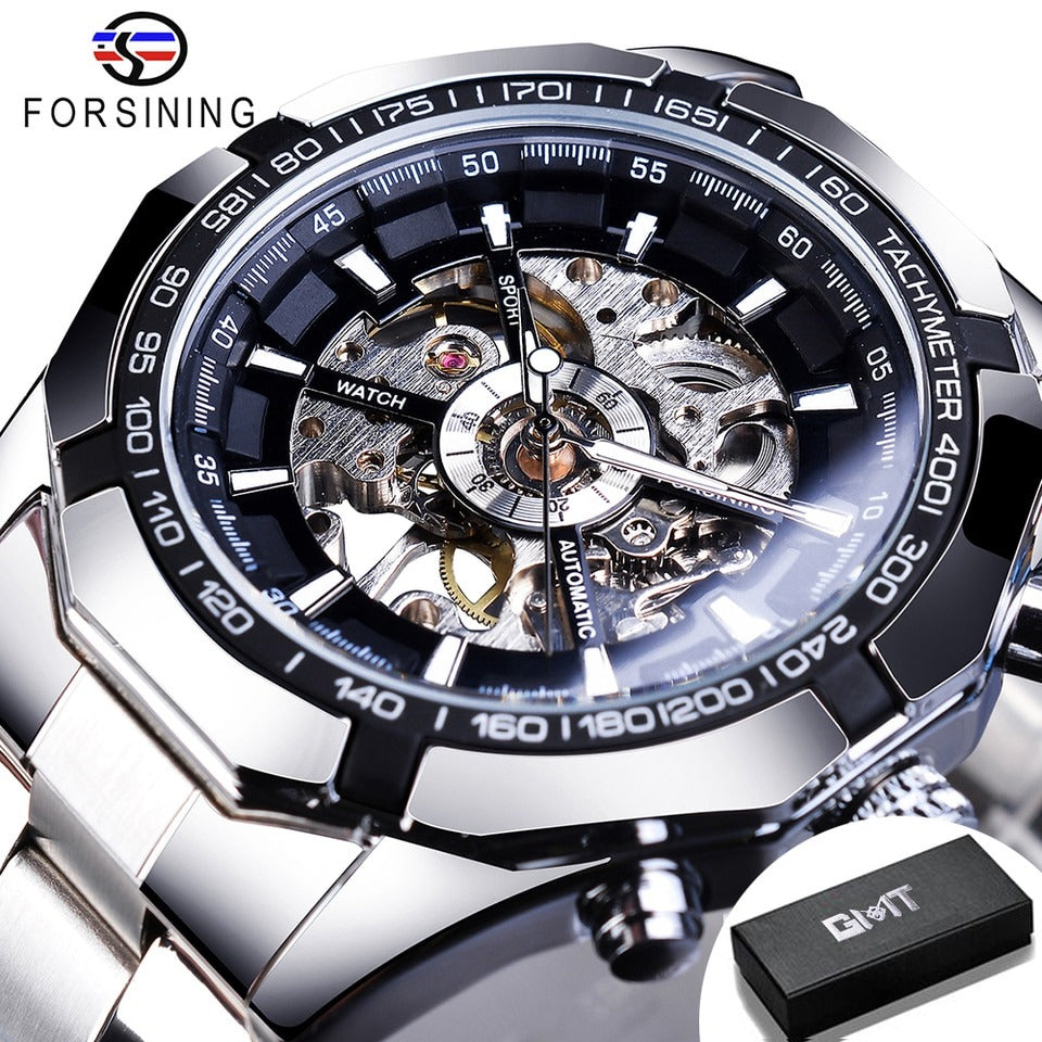 New Men Forsining Stainless Steel Watch Waterproof Mens Skeleton Watches Top Brand Luxury Transparent Mechanical Sport Male Wrist Watches