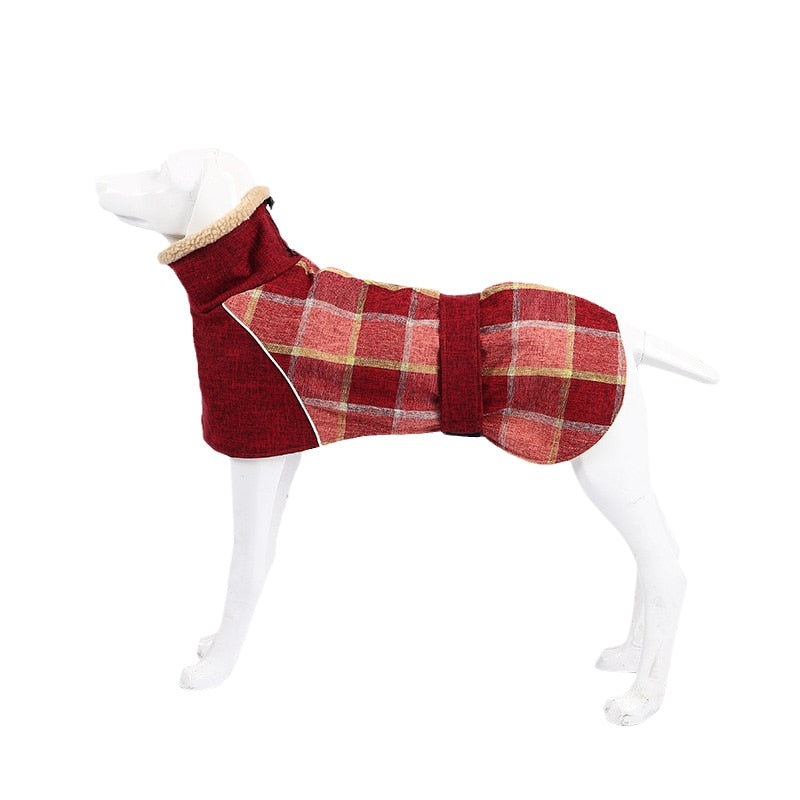 Winter Big Dog Clothes Warm Fleece Pet Jacket for Medium Large Dogs Weimaraner Greyhound Adjustable Belt Plaid Print Coat Outfit Red, S