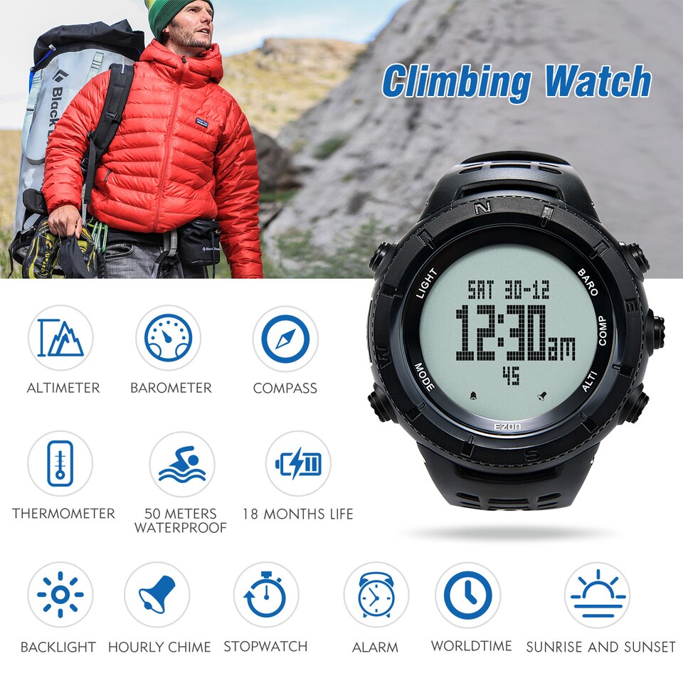 Professional Climbing Hiking Wristwatches Altimeter Barometer Compass Men Digital Sports Watch 50M Waterproof