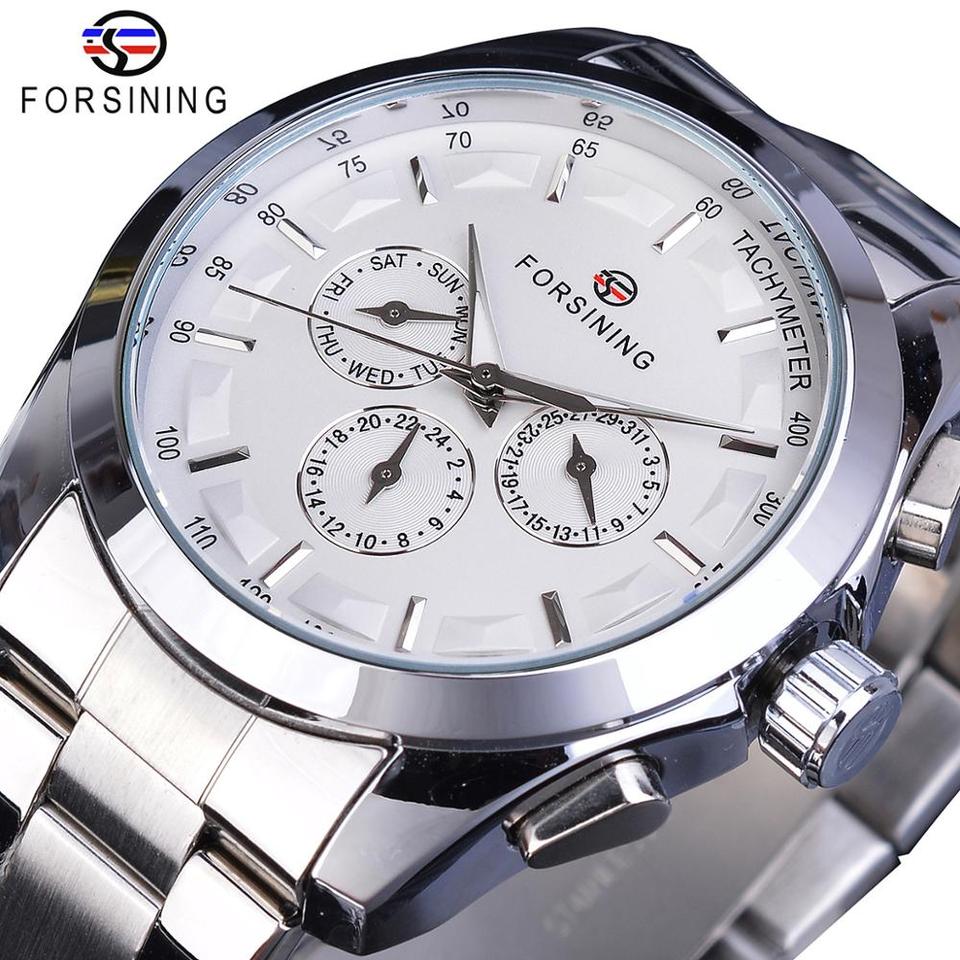 New Men Forsining Black Mechanical Watch 3 Dial Calendar Automatic Self Wind Clock Business Sport Stainless Steel Belts Wristwatch