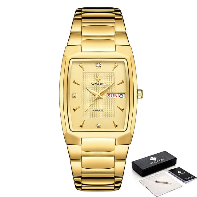 New Square Watch Men with Automatic Week Date Luxury Stainless Steel Gold Mens Quartz Wrist Watches Relogio Masculino