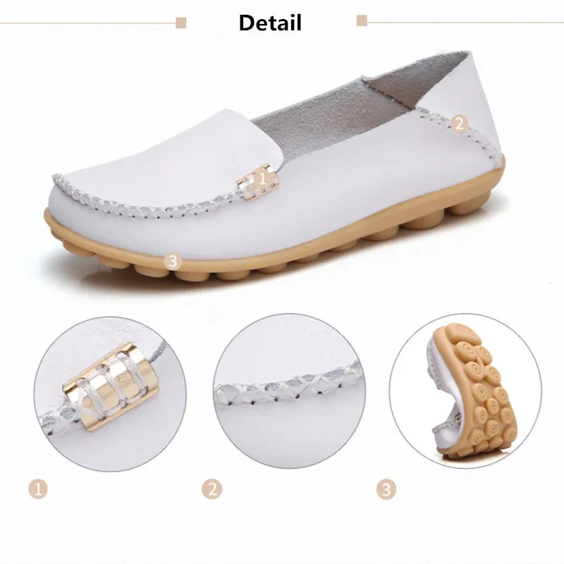 Summer Autumn Women Soft Genuine Leather Breathable Flats Non Slip on Casual Shoes with Round Toe for Mature Ladies Nurse